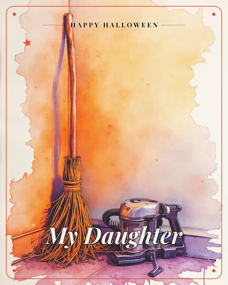 A watercolour still life shows a straw broom leaning against a glowing orange wall beside a chrome canister vacuum cleaner, both resting on a…, a halloween e-card design