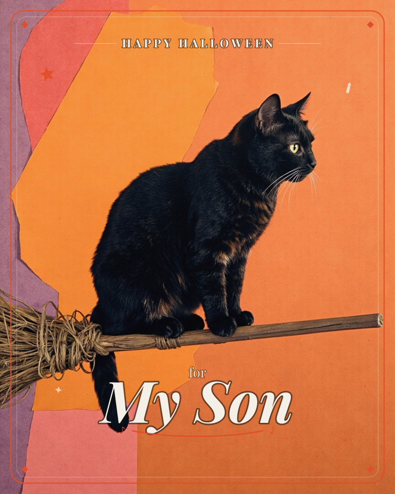A sleek black cat perches on a straw witch's broom, tail curled around the handle, set against a torn-paper collage of purple, coral, pink and burnt…, a halloween e-card design