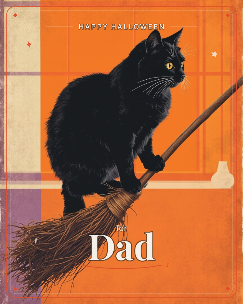 A sleek black cat perches on the handle of a witch's broom, glancing sideways with bright yellow eyes and alert whiskers, a halloween e-card design