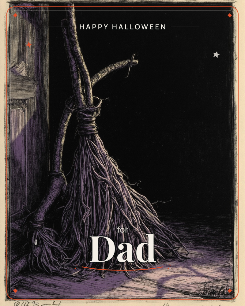 A gnarled witch's broom leans against a weathered wooden doorframe, its twisted twig bristles splayed across a dark stone floor, a halloween e-card design