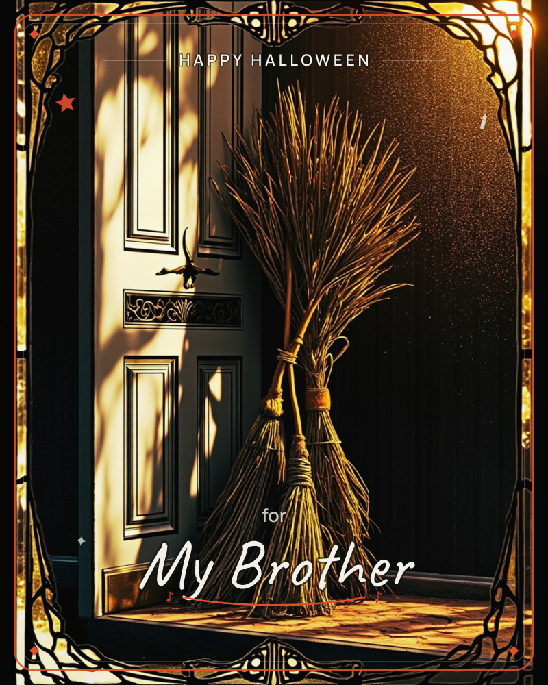 A traditional straw broom leans against a paneled wooden door, its twiggy bristles bound with twisted cord and catching warm, dappled light, a halloween e-card design