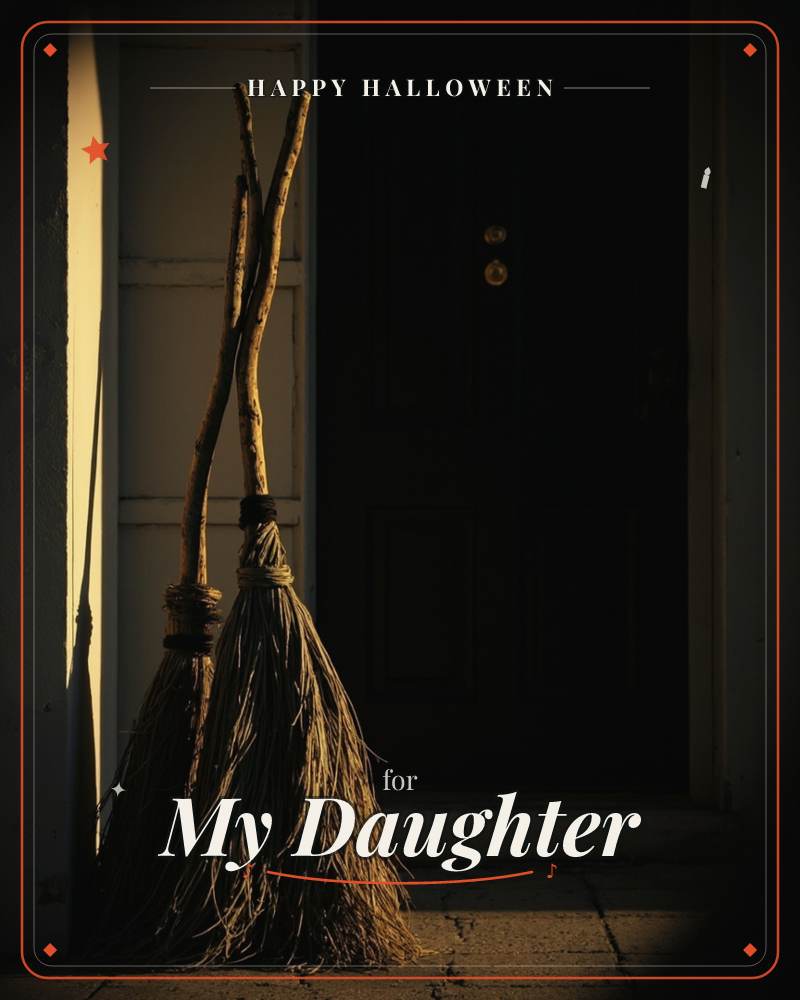Two witch's brooms lean against a doorframe, caught in a warm slant of late sunlight while the doorway behind them fades into deep shadow, a halloween e-card design