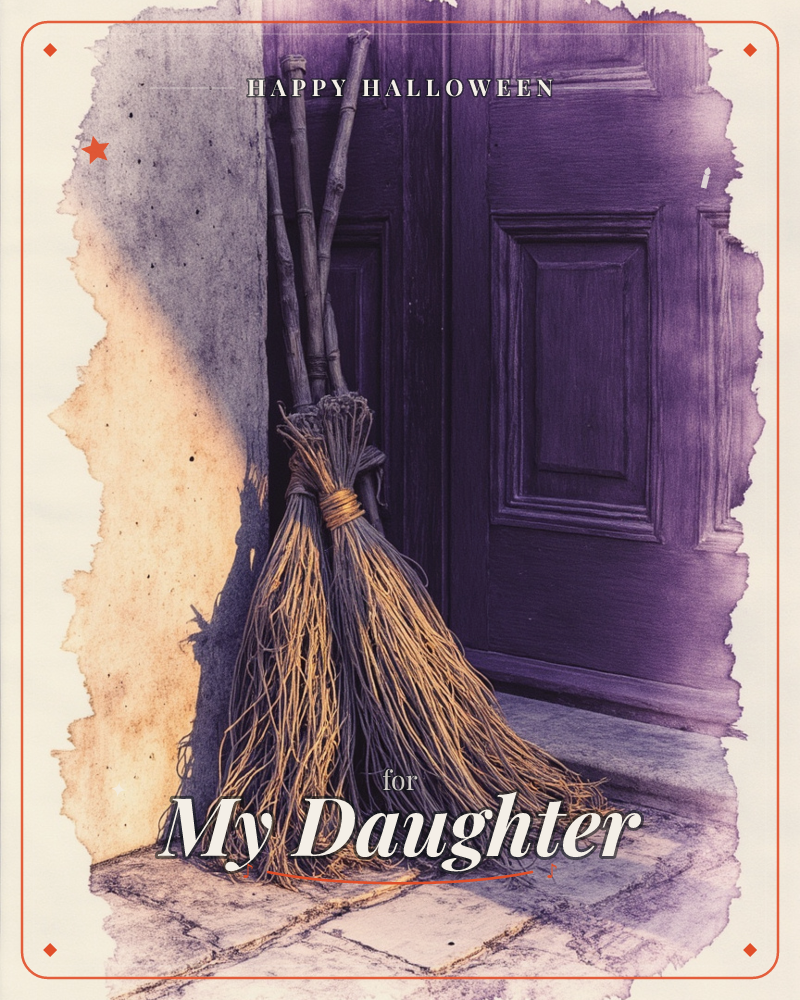A pair of straw brooms leans against a deep purple paneled door, their bristles fanned out on a stone step, a halloween e-card design