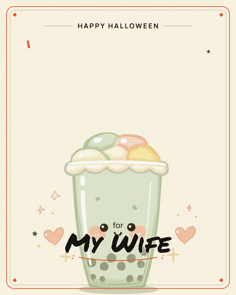 A cheerful cup of bubble tea sits front and center against a soft cream background, its pastel green drink topped with scoops of colorful ice cream and…, a halloween e-card design