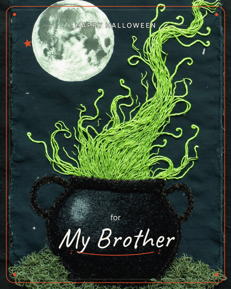 A textile-art card shows a black cauldron with a shining full moon overhead, its surface embroidered in glossy black thread against deep midnight-teal…, a halloween e-card design