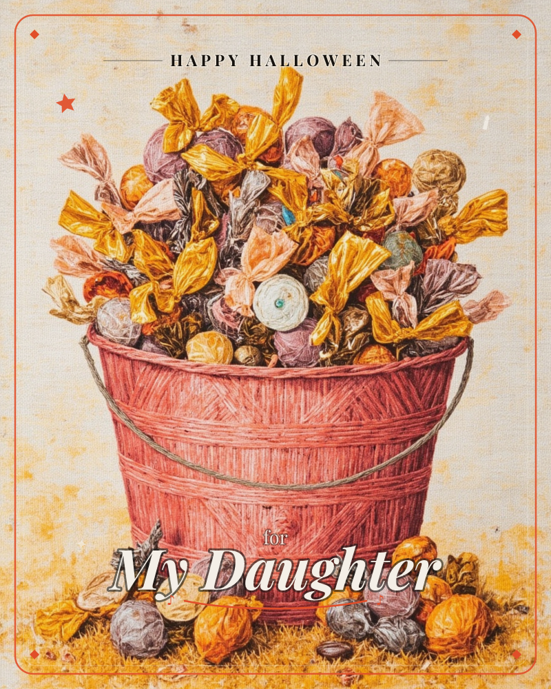 A woven pink bucket overflows with individually wrapped candies twisted in gold, pink, and lavender foil, a few pieces spilling onto the mottled golden…, a halloween e-card design