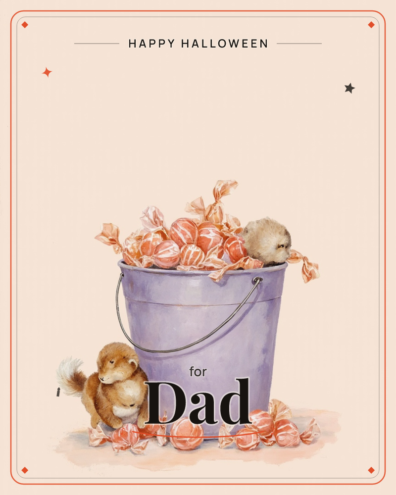 A lilac metal bucket brims with wrapped orange candies, one small furry creature perched on the rim reaching in while another sits on the ground below…, a halloween e-card design