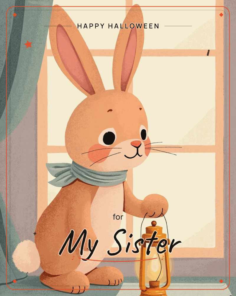 A tall-eared rabbit stands upright beside a sunlit windowsill, a soft sage scarf looped around its neck and one paw resting on a glowing brass lantern, a halloween e-card design