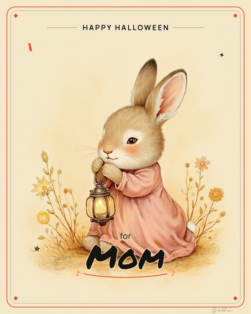A soft-furred rabbit in a rosy pink robe kneels among tall wildflowers, holding a small glowing lantern in both paws, a halloween e-card design
