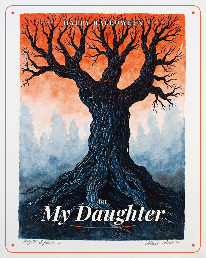 A gnarled, bare-branched tree fills the page, its twisting trunk and tangled roots rendered in inky blue-black against a sky that burns from deep…, a halloween e-card design