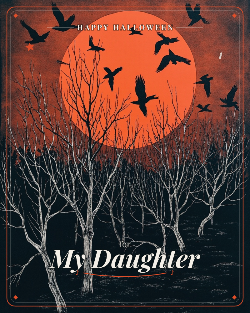 A huge burnt-orange sun hangs low behind a stand of bare winter trees, their pale branches etched sharp against the glow, a halloween e-card design