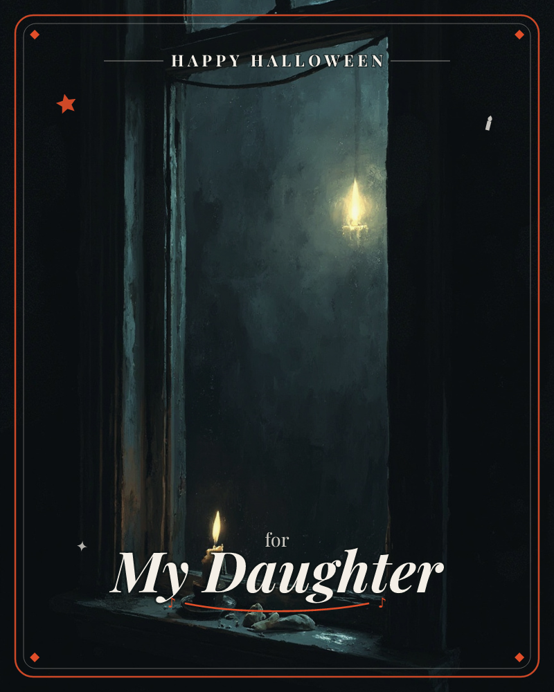 A single lit candle sits on a weathered wooden windowsill, its flame reflected faintly in the old glass, a halloween e-card design