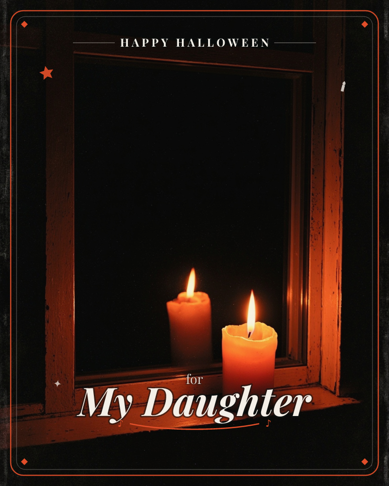 A single candle burns on a weathered wooden windowsill at night, its flame doubled in the dark glass reflection, a halloween e-card design