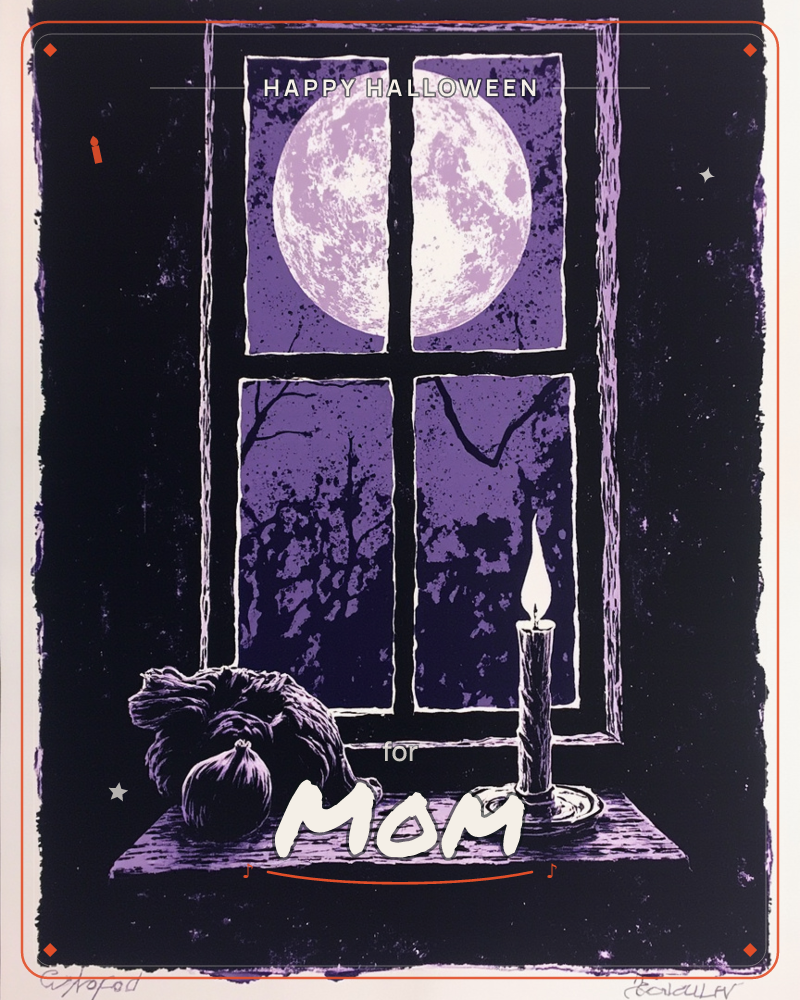 A window ledge at night, printed in deep purple and black, frames a huge full moon through four glass panes with bare branches silhouetted behind it, a halloween e-card design