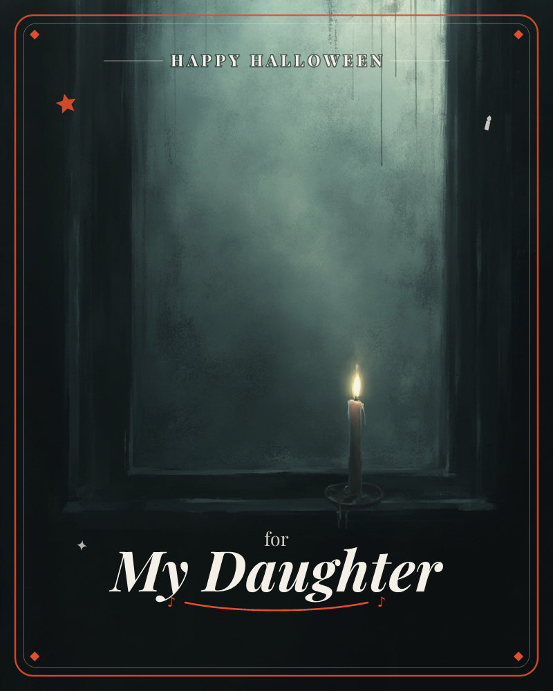 A single lit candle stands on a dark windowsill, its small flame glowing against a foggy, rain-streaked pane behind it, a halloween e-card design