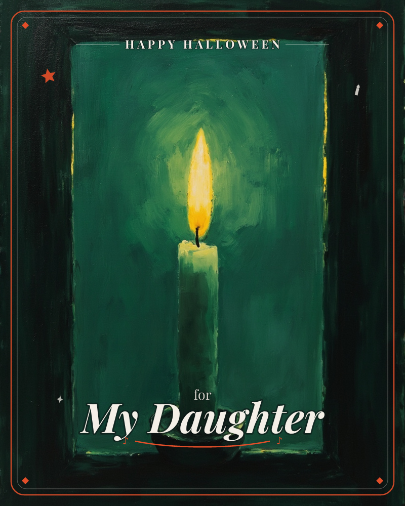 A single candle burns in a small dark holder, painted with loose brushstrokes against a deep emerald backdrop that glows lighter around the flame, a halloween e-card design
