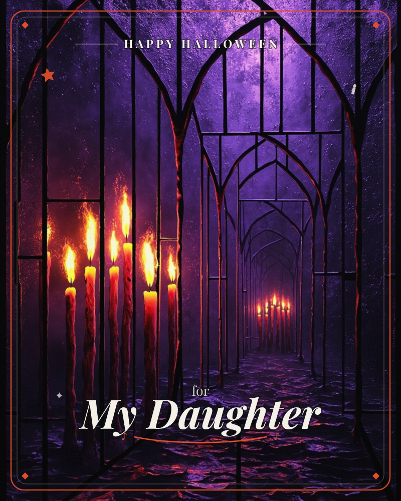 A gothic corridor of arched iron gates stretches into the distance, lit by tall dripping candles glowing gold against deep violet stone, a halloween e-card design