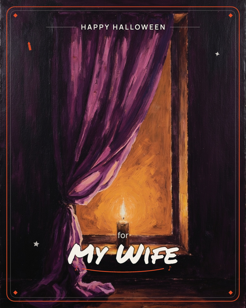 A single candle burns on a dark wooden windowsill, its glow washing the recess in warm amber against a deep purple velvet curtain pulled back and tied, a halloween e-card design