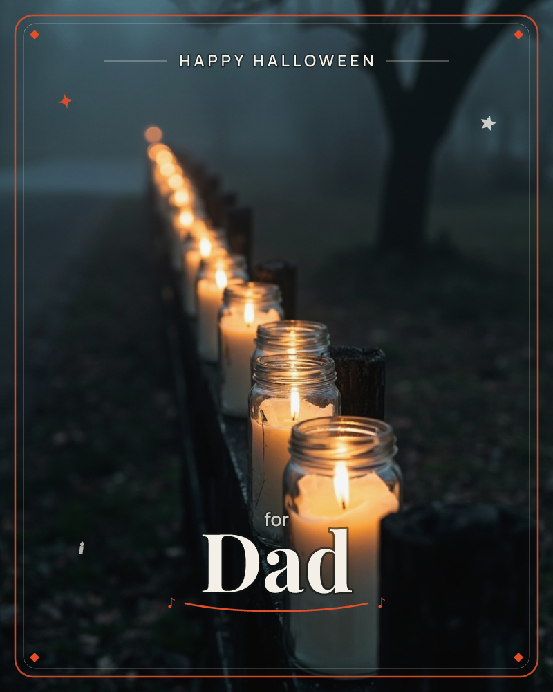 A row of candles in glass jars lines the top of a wooden fence, glowing softly as they trail off into evening fog, a halloween e-card design
