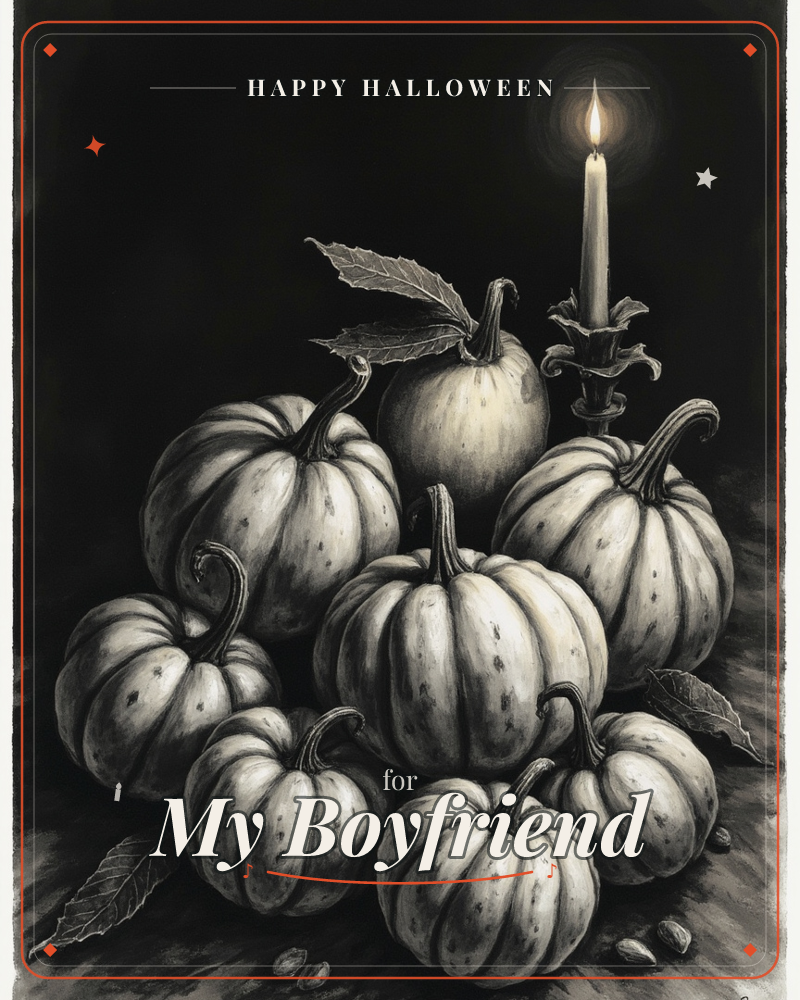 A cluster of pale, mottled pumpkins and gourds is piled together against a deep black background, lit by a single lit candle in an ornate holder to the…, a halloween e-card design