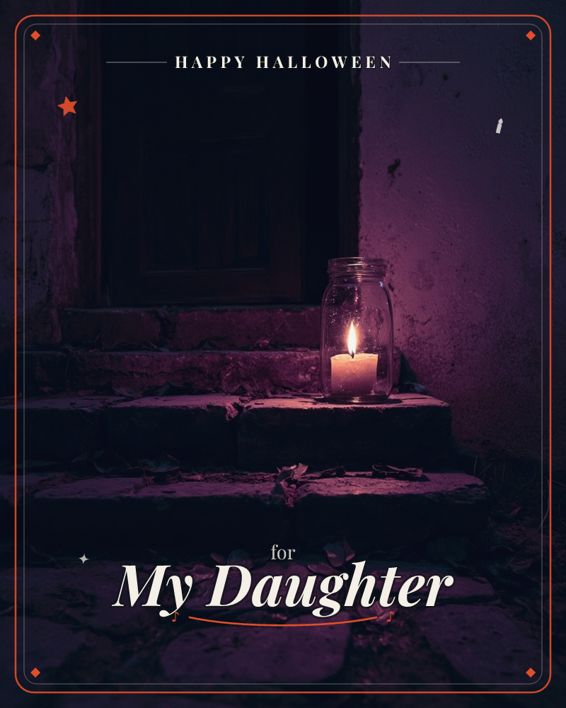 A lit candle sits inside a glass jar on a worn stone step, glowing against a dark wooden doorway, a halloween e-card design