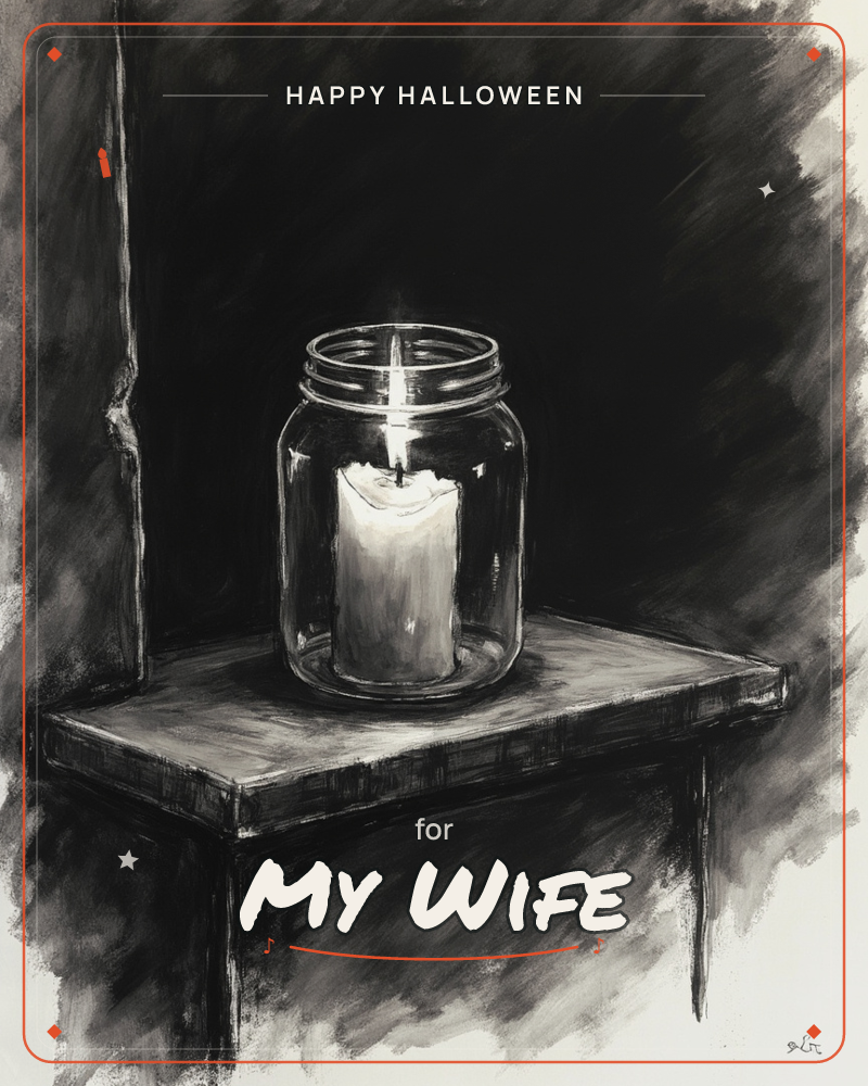 A single lit candle sits inside a glass mason jar on the corner of a wooden table, its small flame the only bright spark against a heavily shadowed…, a halloween e-card design