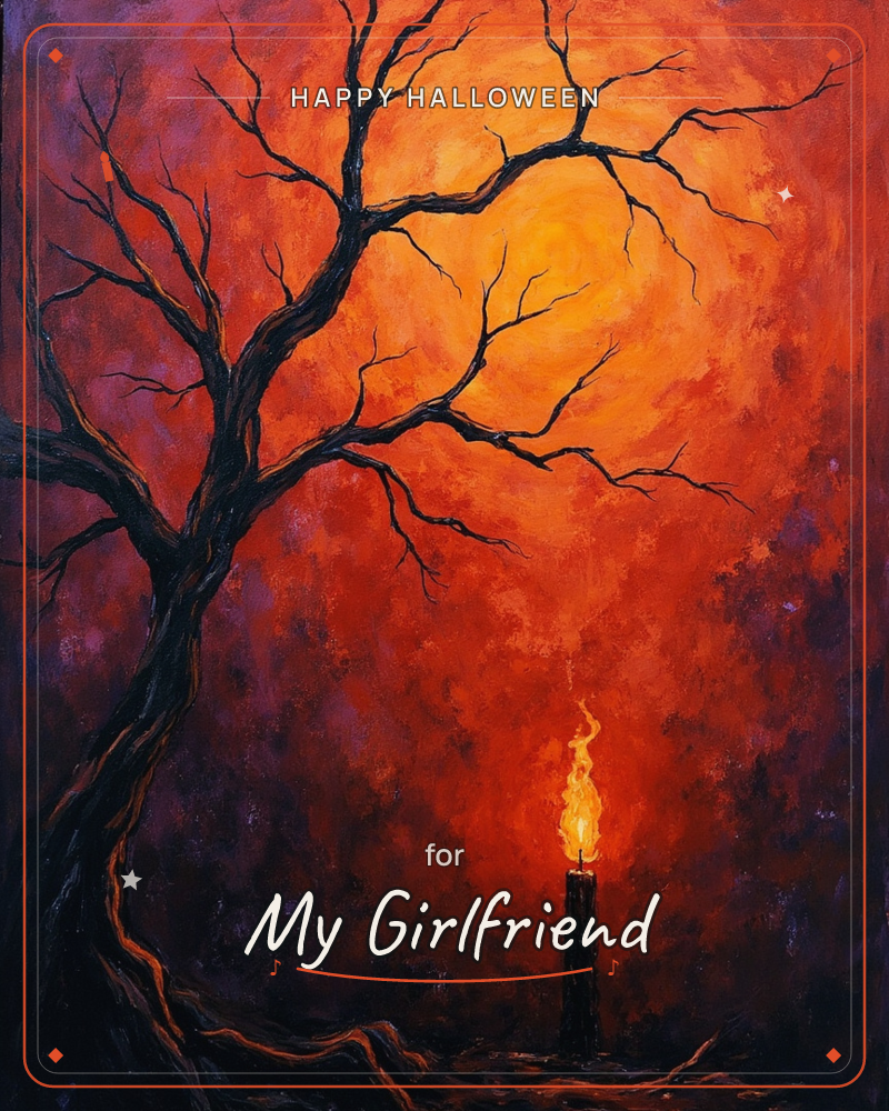 A bare, gnarled tree spreads its dark branches across a glowing sky of deep red, orange and violet, with a single lit candle burning steadily below it, a halloween e-card design