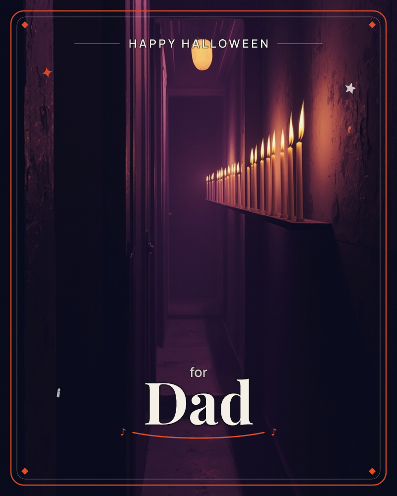 A narrow, shadowy corridor stretches back into darkness, its peeling walls lit by a long row of slender candles burning in perfect formation on a shelf, a halloween e-card design