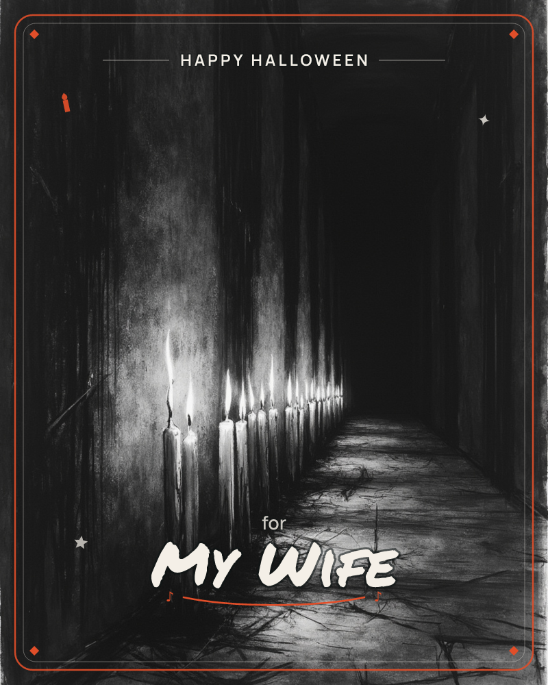 A narrow stone corridor stretches into darkness, lit only by a row of tall candles burning low against the left-hand wall, a halloween e-card design