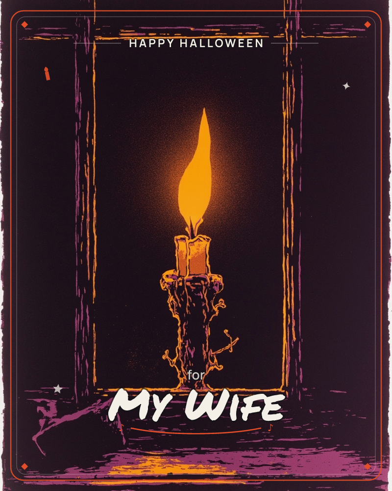 A single candle burns in a dark wooden window frame, its flame rendered as a bright golden blaze against the deep purple-black night, a halloween e-card design