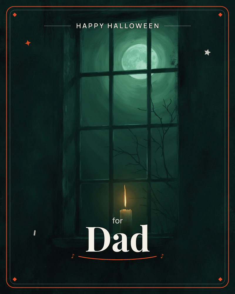 A single candle burns on a weathered windowsill, its small flame the only warm point in a room drowned in deep teal darkness, a halloween e-card design
