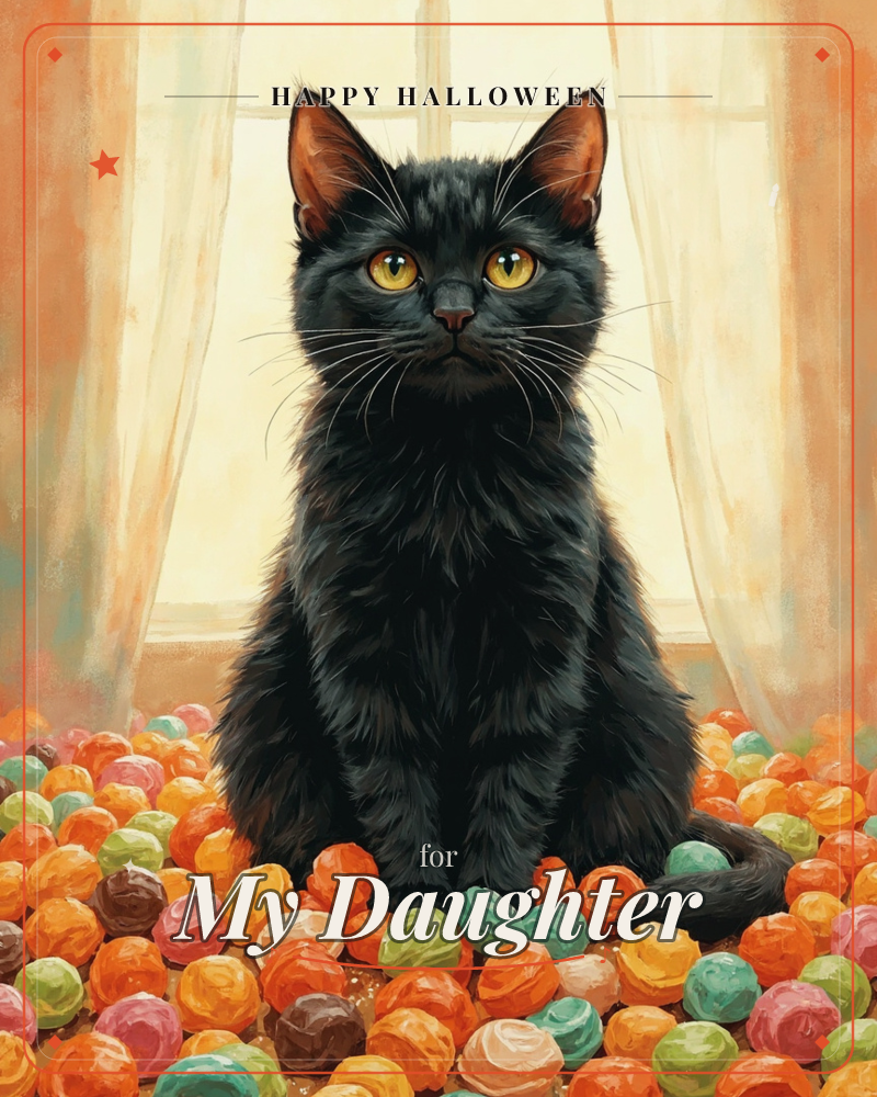 A black cat with wide amber eyes sits bolt upright in front of a warmly lit window, its fur rendered in soft painterly strokes against pale curtains, a halloween e-card design