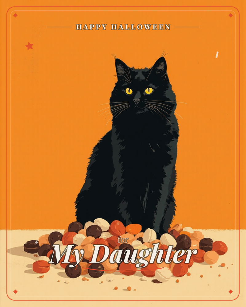A sleek black cat with piercing yellow eyes sits upright behind a scattered pile of round Halloween candies in orange, brown, and cream wrappers, a halloween e-card design