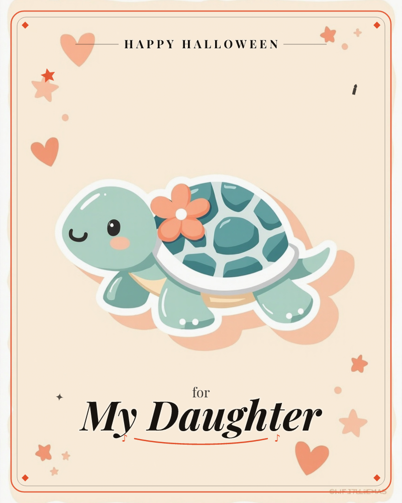 A cheerful cartoon turtle strolls across a soft peach background, a coral flower tucked beside its patterned teal shell, a halloween e-card design