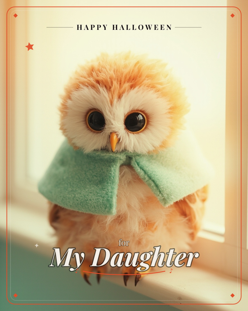 A fluffy toy owl with round black eyes and a tiny beak perches on a white windowsill, wrapped in a soft mint-green cape, a halloween e-card design
