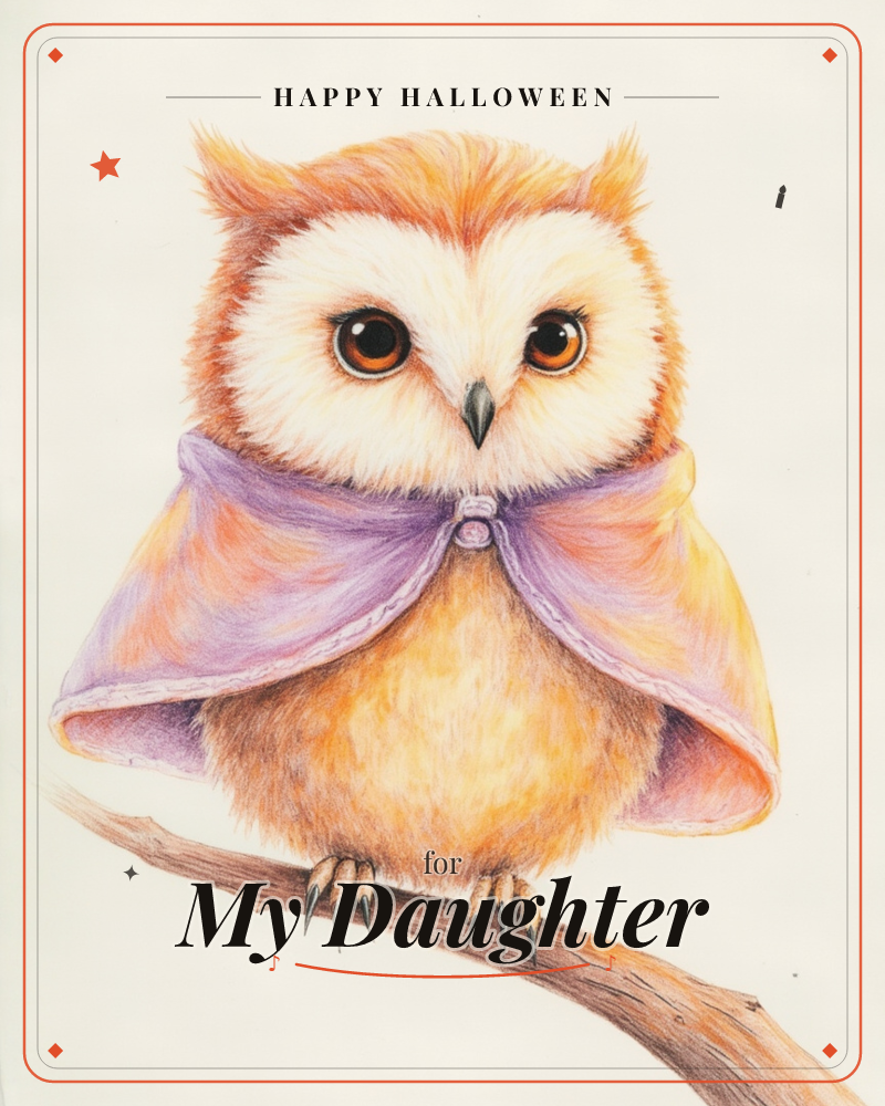 A round-eyed baby owl with rust and cream feathers perches on a bare branch, wrapped in a purple cloak clasped at its chest, a halloween e-card design