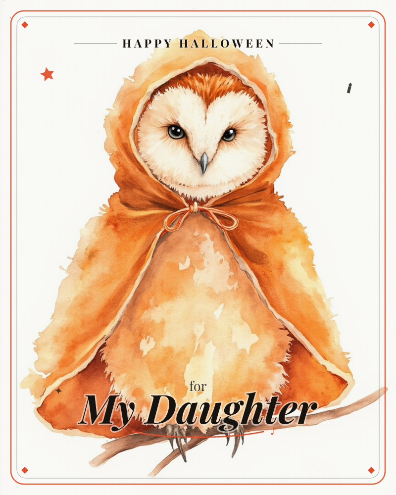 A barn owl with a heart-shaped white face perches on a bare branch, wrapped in a hooded orange cloak tied with a little bow, a halloween e-card design