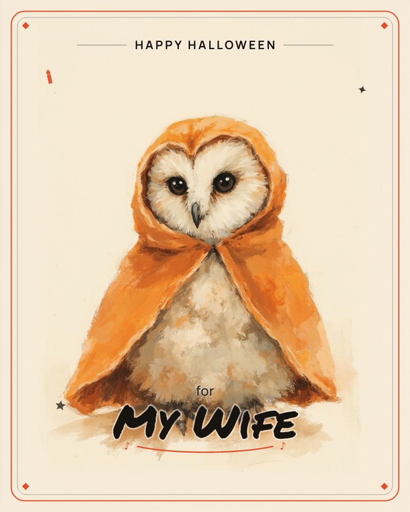 A round-faced barn owl sits front and centre, its heart-shaped face framed by burnt-orange feathers that fall like a hooded cloak around its soft cream…, a halloween e-card design