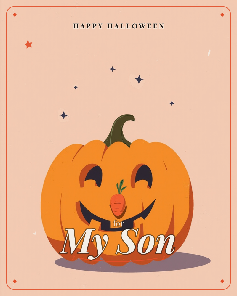 A grinning jack-o'-lantern sits against a soft peach background, its carved eyes squinting shut with joy and a tiny carrot tucked in for a nose, a halloween e-card design