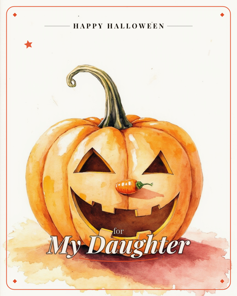 A watercolour jack-o'-lantern grins on a plain white background, its curling green stem twisting upward and a tiny orange carrot perched playfully…, a halloween e-card design