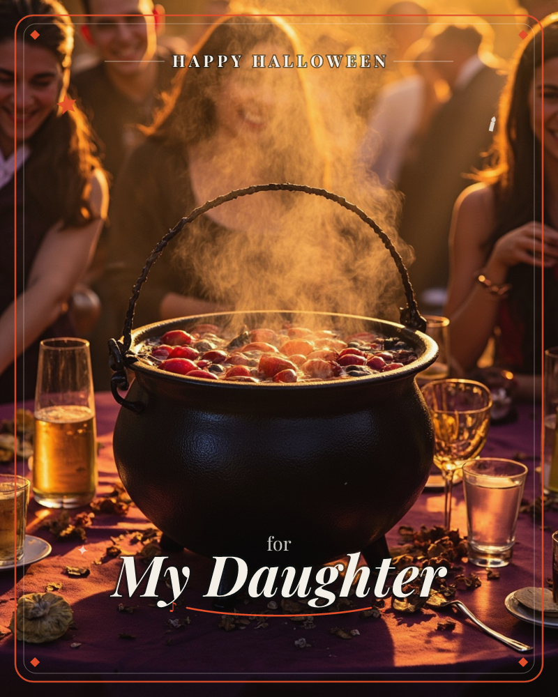 A steaming black cauldron sits at the centre of a table draped in deep purple, filled with glossy red and pale fruits bobbing in a golden broth, a halloween e-card design