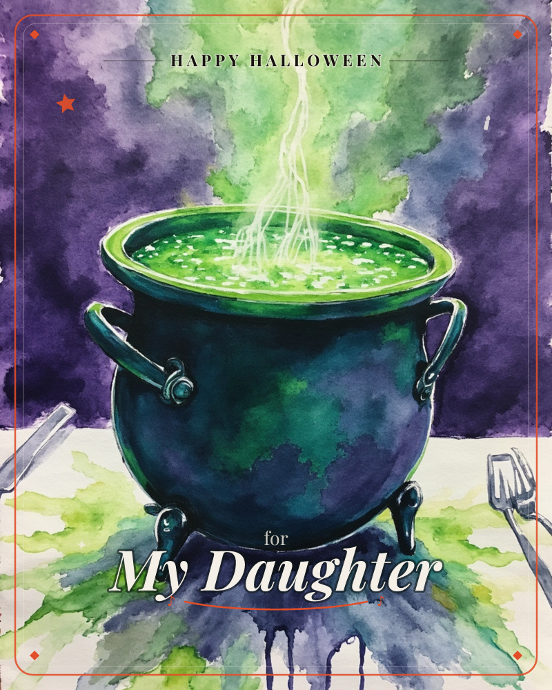 A black cauldron on clawed feet sits at the centre of a table setting, bubbling with glowing green brew that sends wisps of eerie light upward into a…, a halloween e-card design