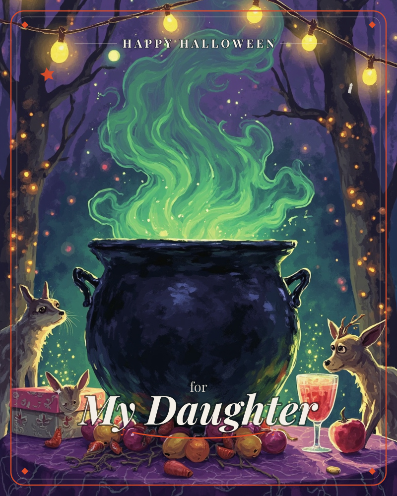 A black cauldron sits on a purple-clothed table in a dark forest, glowing green smoke curling up into a canopy strung with warm fairy lights, a halloween e-card design