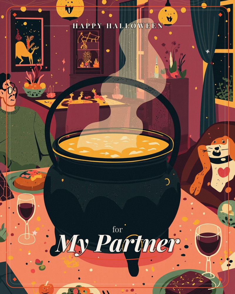A Halloween supper glows in deep reds and warm gold, centred on a black cauldron bubbling with steaming yellow broth on a crowded table, a halloween e-card design