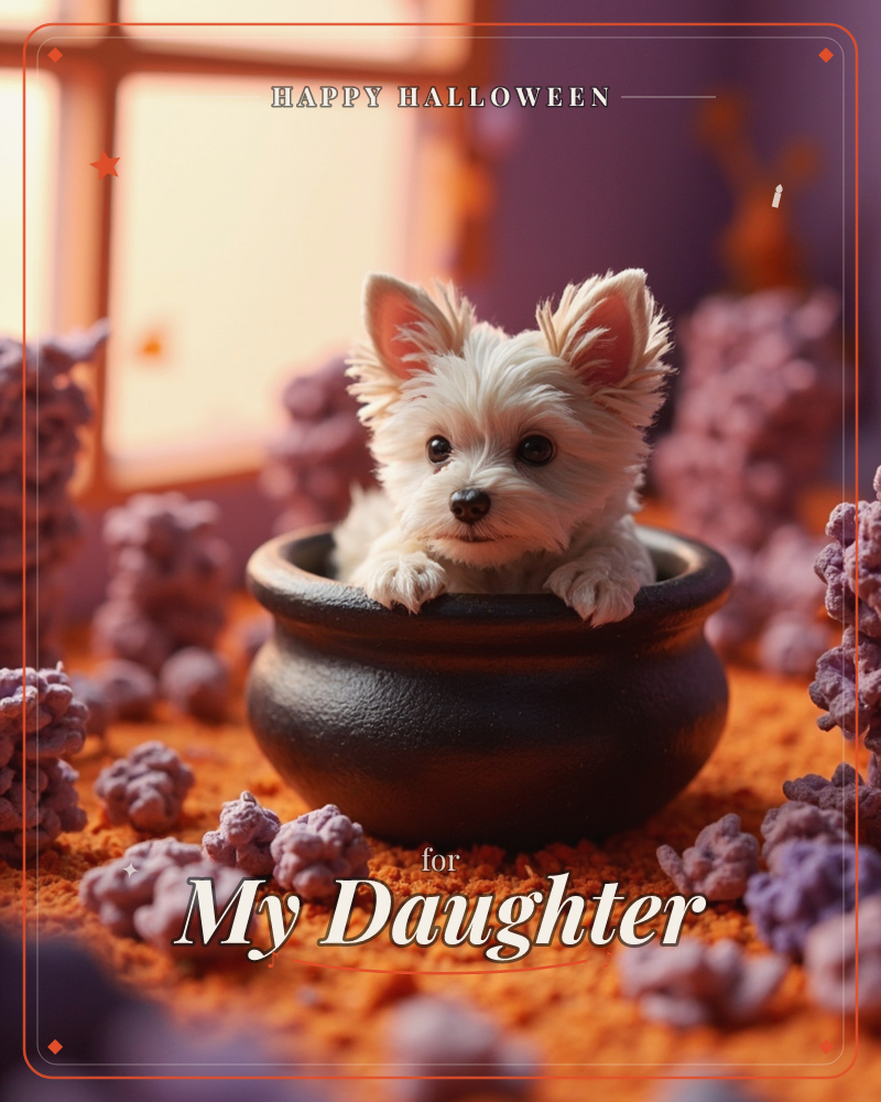 A small white terrier puppy peeks out of a black cauldron-shaped pot, surrounded by textured purple mineral-like clusters scattered over orange sandy…, a halloween e-card design