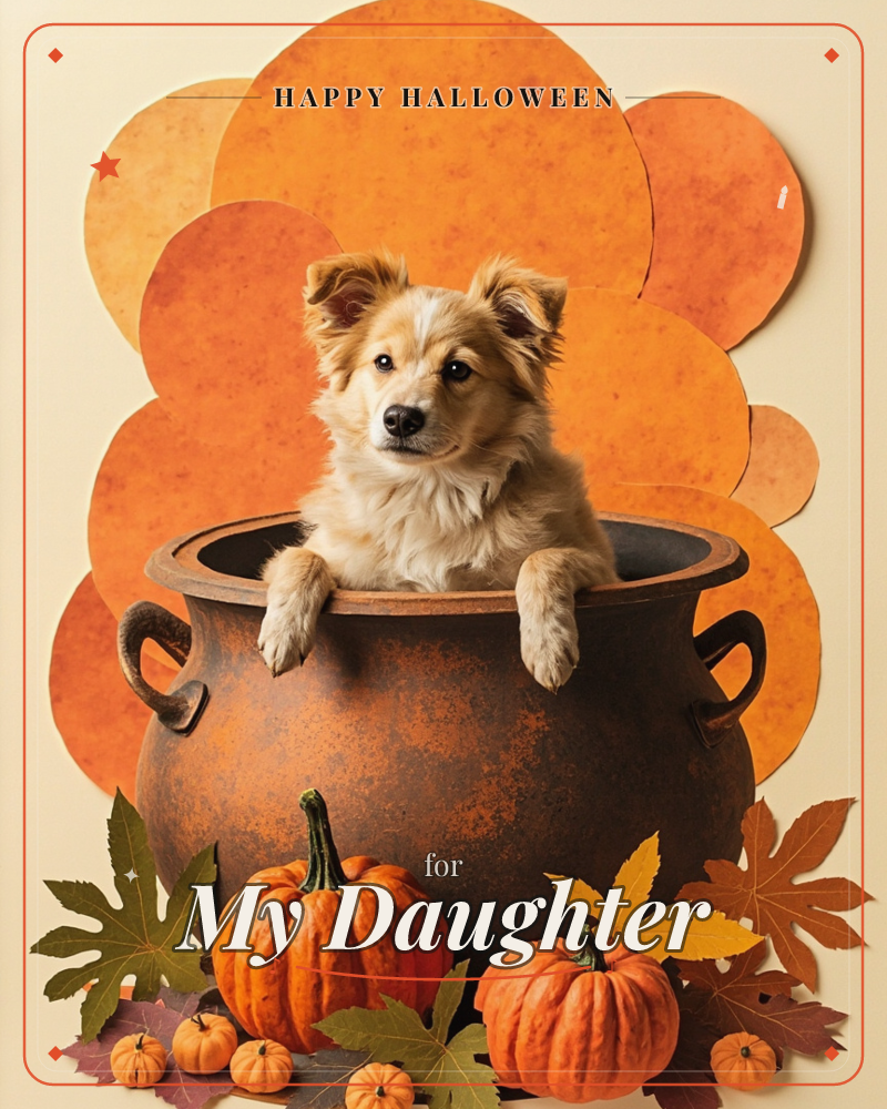 A shaggy tan-and-cream puppy peers over the rim of a rustic cast-iron cauldron, paws draped over the edge, set against layered paper-cut clouds of orange, a halloween e-card design