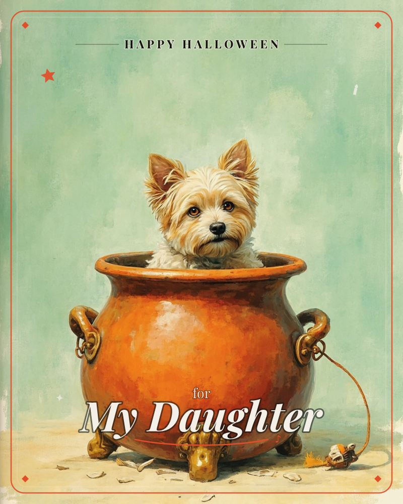 A small terrier peeks out from inside a rounded orange cauldron with brass handles and clawed feet, set against a soft mottled sage-green backdrop, a halloween e-card design