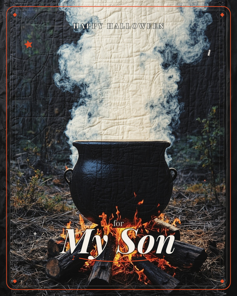 A black cauldron sits over a crackling bonfire in a dark forest clearing, thick pale smoke billowing upward into the night sky, a halloween e-card design