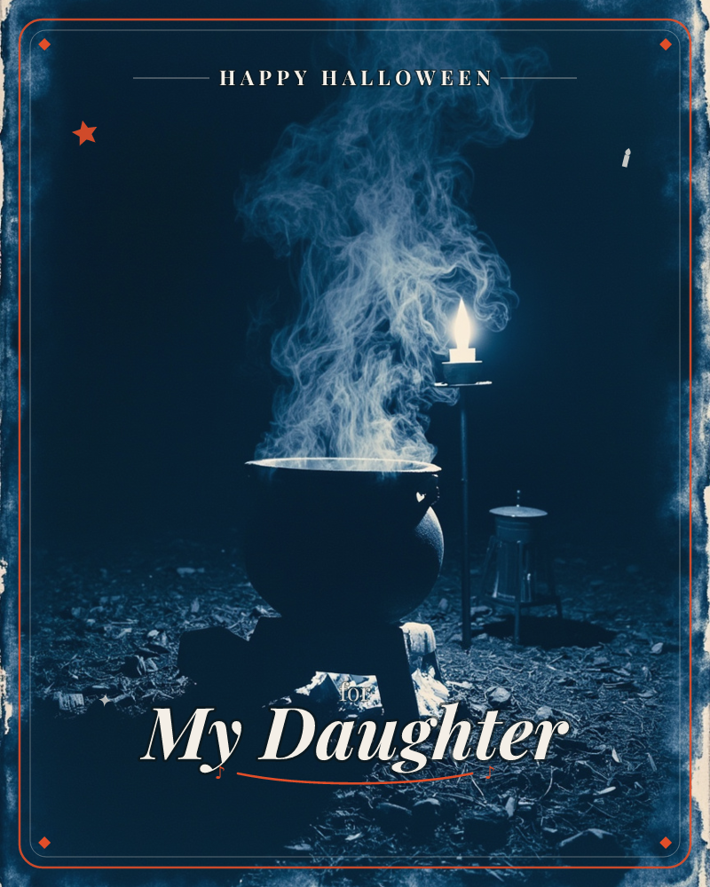 A black cauldron sits over glowing embers on bare ground at night, thick pale smoke curling upward into the darkness, a halloween e-card design