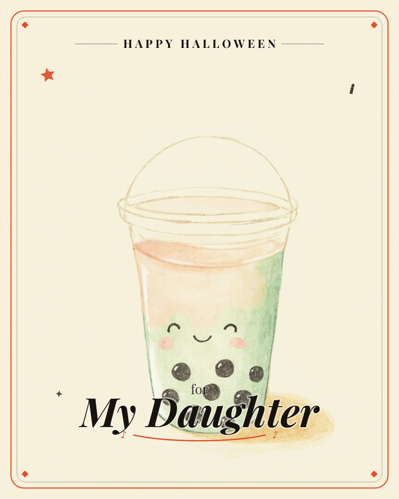 A single cup of bubble tea sits against a soft cream background, its dome lid arching like a tiny handle above a peachy-green drink, a halloween e-card design